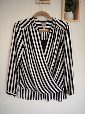Chico's Black & White Diagonal Stripe Wrap Blouse